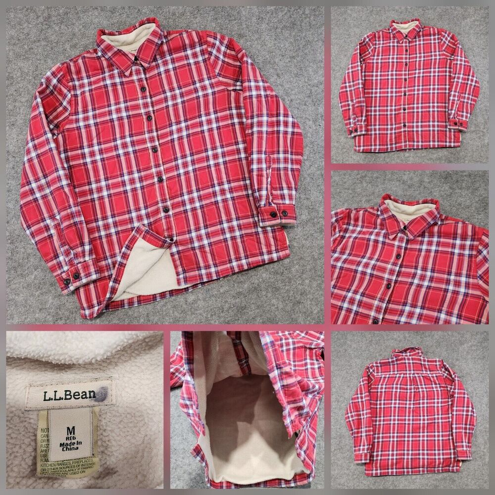 LL Bean Womens M Medium Fleece Lined Button Up Plaid Flannel Shirt Shacket